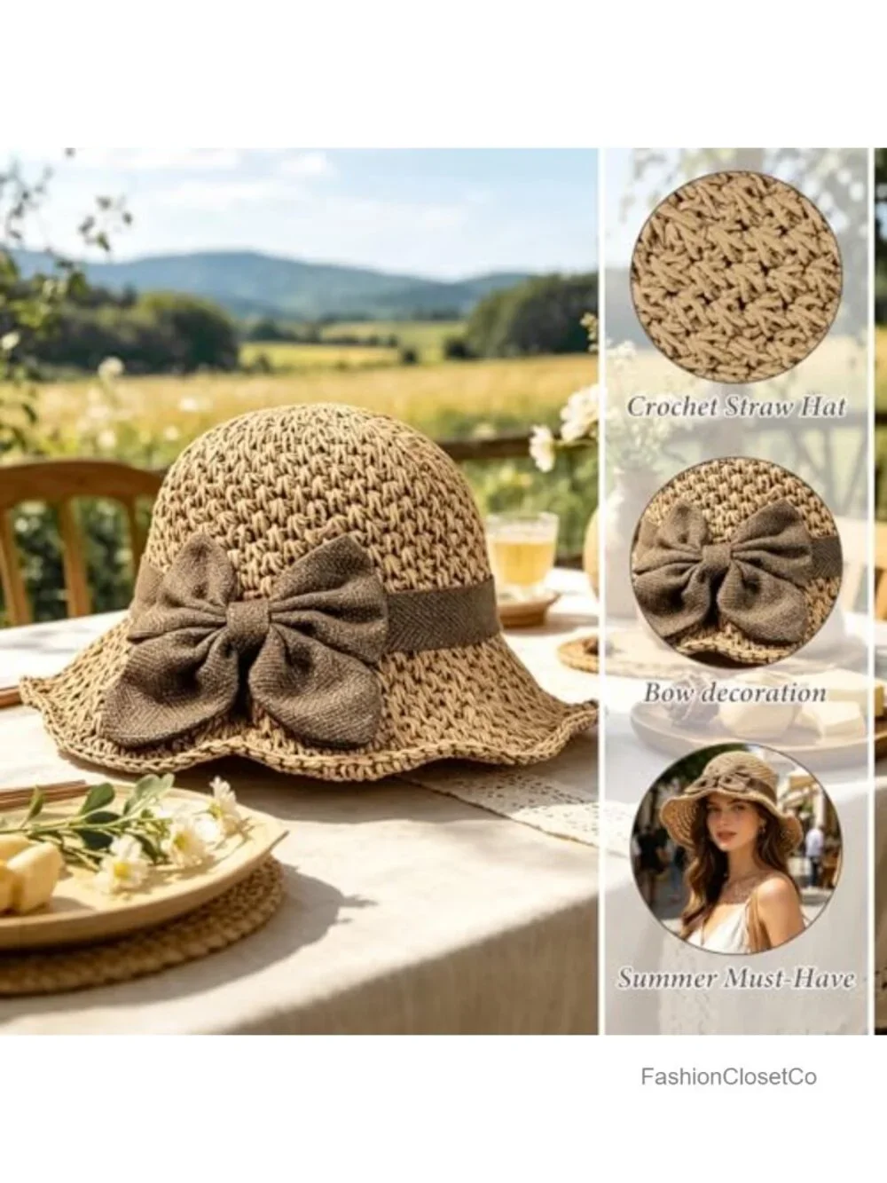 Handcrafted Woven Straw Sun Hat with Ruffled Bow - Foldable Travel Bucket Hat